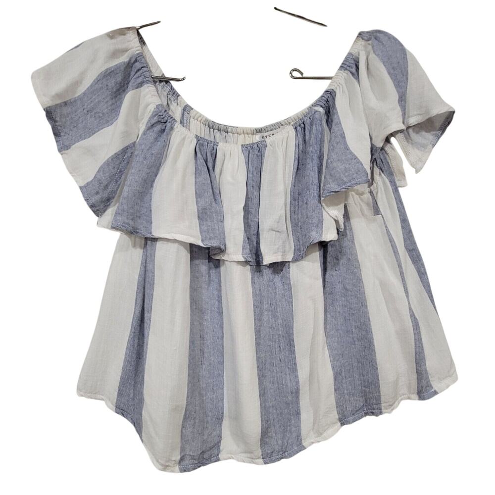 Womens Small Linen Off Shoulder Crop Top Ruffle Neckline Striped Coastal Preppy